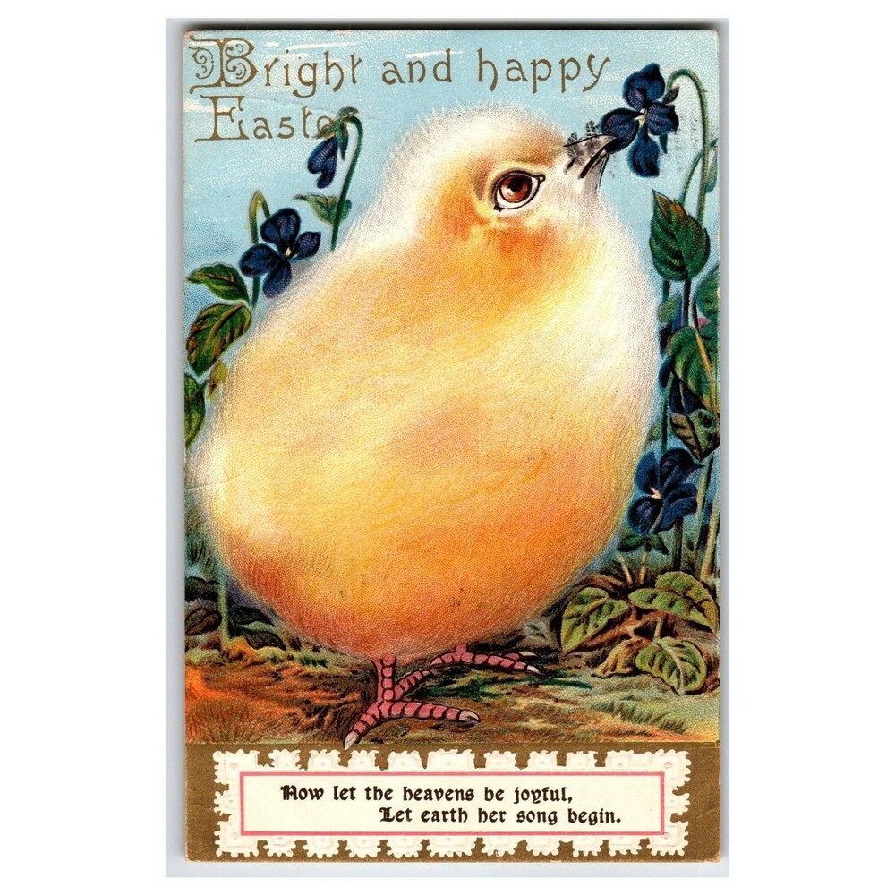 Antique 1910 Easter Chick Violet Flower Postcard Poem Iowa Postmark